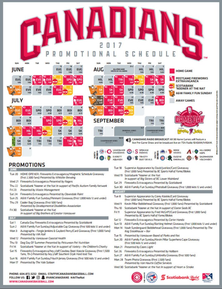 Vancouver Canadians 2017 Promotional Schedule